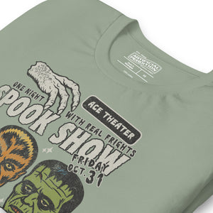Vintage spook show poster front print with three classic monster faces, Ace Theater and Monster Mania text, distressed style on black, Artificial Perdition apparel