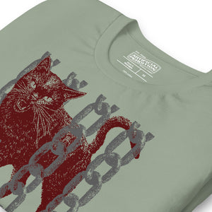 Product mockupSnarling cat breaking through chains with UNGOVERNABLE text, dithered halftone red on cream, Artificial Perdition apparel
