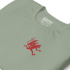 Artificial Perdition devil mascot, red illustrated devil mid-stride with trident and brand name, hand-drawn style on black, official logo tee