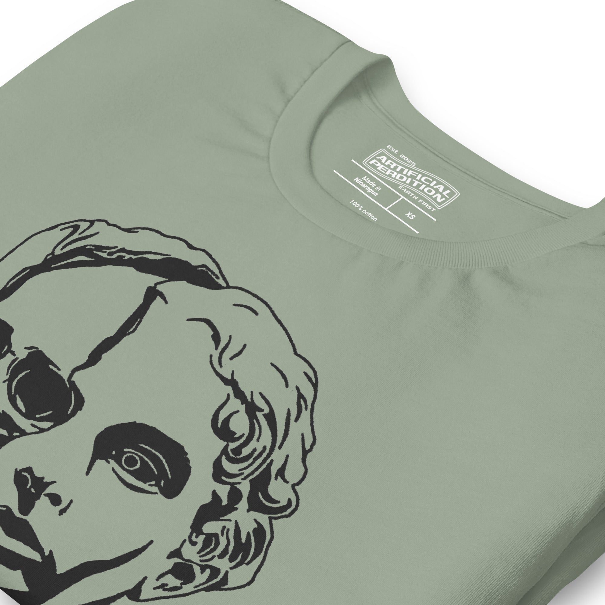 Split face illustration, half classical sculpture bust and half skull, black and white high contrast, Dead Inside, Artificial Perdition apparel