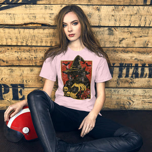 Black cat in witch hat with vampire fangs and skeletal dripping claws, skulls and roses flanking, bats in red sky, horror tattoo flash style, Artificial Perdition