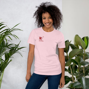 Artificial Perdition devil mascot, red illustrated devil mid-stride with trident and brand name, hand-drawn style on black, official logo tee