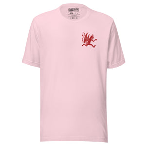 Artificial Perdition devil mascot, red illustrated devil mid-stride with trident and brand name, hand-drawn style on black, official logo tee