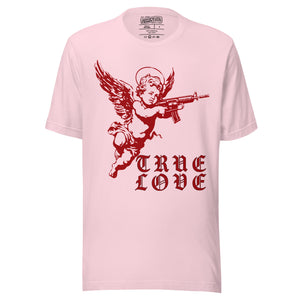 Red cherub angel with halo aiming rifle above blackletter True Love text, dark ironic tattoo flash style, Artificial Perdition apparel