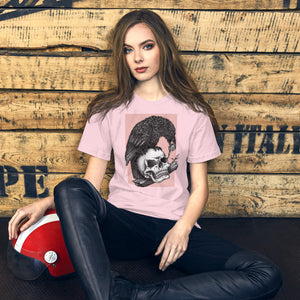 Graphite illustration of a black corvid perched on a human skull removing the eye, sprouting branch beside it, Last Look, Artificial Perdition apparel