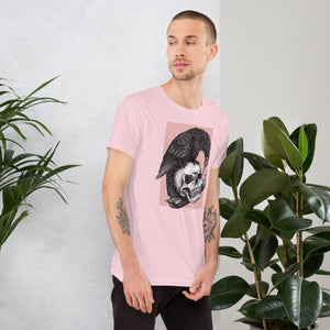 Graphite illustration of a black corvid perched on a human skull removing the eye, sprouting branch beside it, Last Look, Artificial Perdition apparel