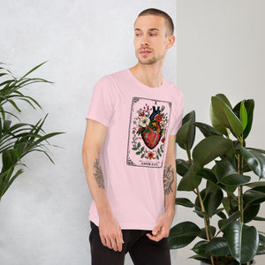 Tarot card illustration numbered X with an anatomical heart in bloom surrounded by wildflowers and vines, Amor Fati, Artificial Perdition apparel