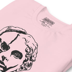 Split face illustration, half classical sculpture bust and half skull, black and white high contrast, Dead Inside, Artificial Perdition apparel