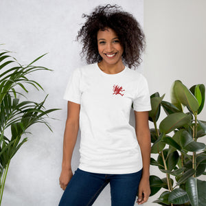 Artificial Perdition devil mascot, red illustrated devil mid-stride with trident and brand name, hand-drawn style on black, official logo tee