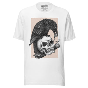 Graphite illustration of a black corvid perched on a human skull removing the eye, sprouting branch beside it, Last Look, Artificial Perdition apparel