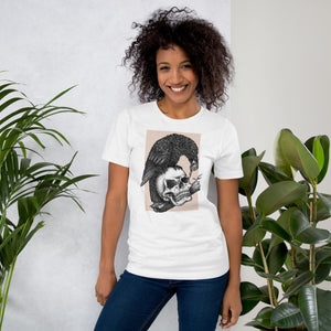 Graphite illustration of a black corvid perched on a human skull removing the eye, sprouting branch beside it, Last Look, Artificial Perdition apparel