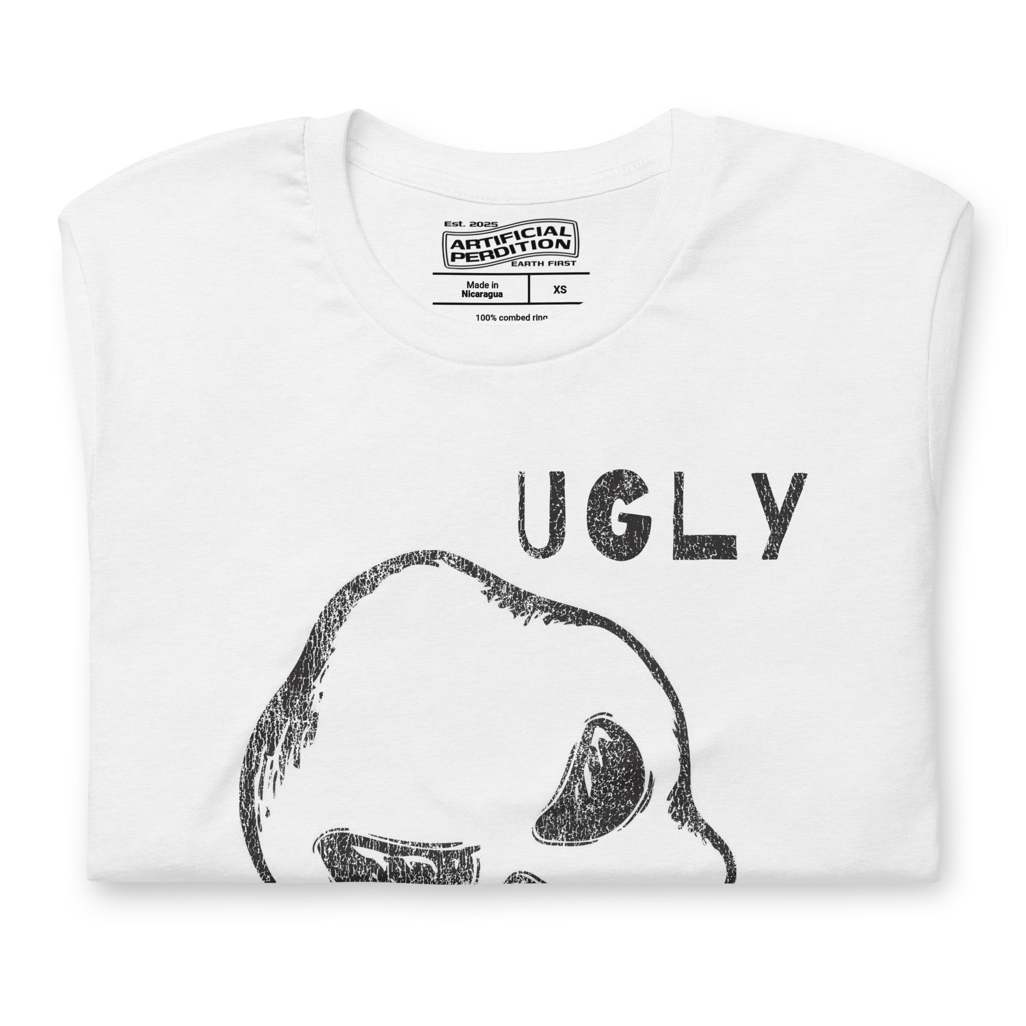 Crude hand-drawn skull with mismatched eye sockets and UGLY text in the upper corner, anti-polish graphic design, Artificial Perdition apparel