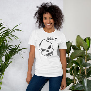Crude hand-drawn skull with mismatched eye sockets and UGLY text in the upper corner, anti-polish graphic design, Artificial Perdition apparel