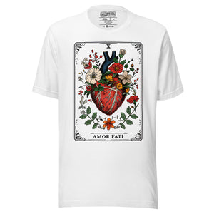 Tarot card illustration numbered X with an anatomical heart in bloom surrounded by wildflowers and vines, Amor Fati, Artificial Perdition apparel