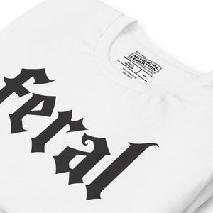 Feral in white blackletter font on dark heather grey t-shirt, bold single word graphic design, Artificial Perdition apparel