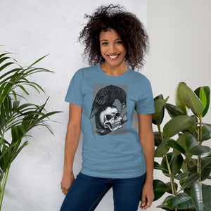 Graphite illustration of a black corvid perched on a human skull removing the eye, sprouting branch beside it, Last Look, Artificial Perdition apparel