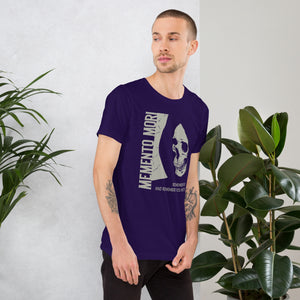 Cracked skull illustration in tombstone grey with vertical Memento Mori text and Remember Death translation, Artificial Perdition apparel