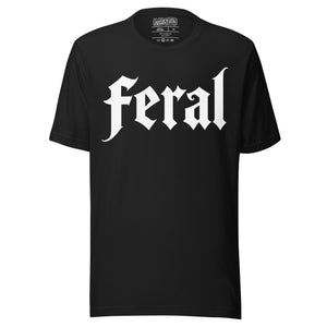 Feral in white blackletter font on dark heather grey t-shirt, bold single word graphic design, Artificial Perdition apparel