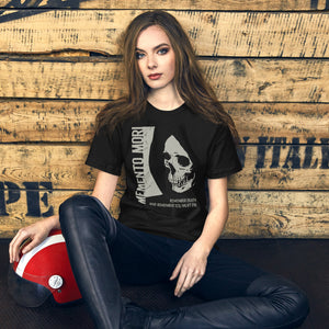 Cracked skull illustration in tombstone grey with vertical Memento Mori text and Remember Death translation, Artificial Perdition apparel