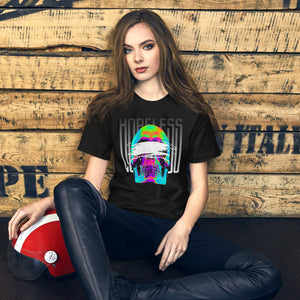 Blindfolded skull in thermal heat-map colors with bold chrome HOPELESS text, psychological horror design, Artificial Perdition apparel
