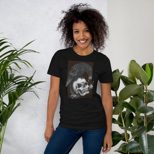 Graphite illustration of a black corvid perched on a human skull removing the eye, sprouting branch beside it, Last Look, Artificial Perdition apparel