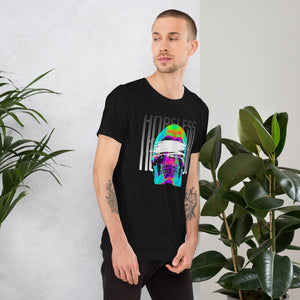 Blindfolded skull in thermal heat-map colors with bold chrome HOPELESS text, psychological horror design, Artificial Perdition apparel