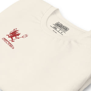 Artificial Perdition devil mascot, red illustrated devil mid-stride with trident and brand name, hand-drawn style on black, official logo tee