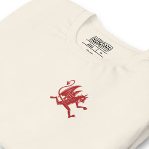 Artificial Perdition devil mascot, red illustrated devil mid-stride with trident and brand name, hand-drawn style on black, official logo tee