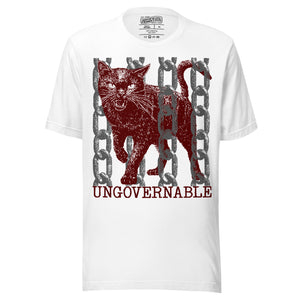 Snarling cat breaking through chains with UNGOVERNABLE text, dithered halftone red on cream, Artificial Perdition apparel