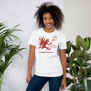 Artificial Perdition devil mascot, red illustrated devil mid-stride with trident and brand name, hand-drawn style on black, official logo tee