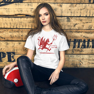 Artificial Perdition devil mascot, red illustrated devil mid-stride with trident and brand name, hand-drawn style on black, official logo tee
