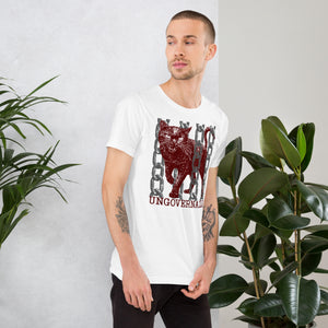 Snarling cat breaking through chains with UNGOVERNABLE text, dithered halftone red on cream, Artificial Perdition apparel