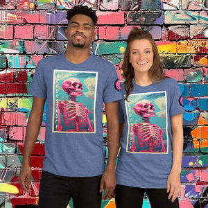 Woman wearing a blue Triblend Deconstruct Core Tee with colorful skeletal design gazing upward, standing before a vibrant graffiti wall.