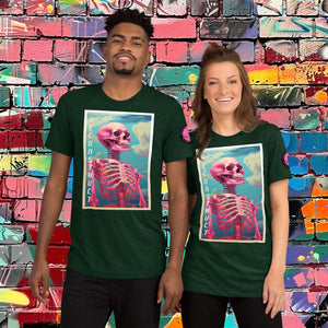 Woman wearing an Emerald Triblend Deconstruct Core Tee with colorful skeletal design gazing upward, standing before a vibrant graffiti wall.