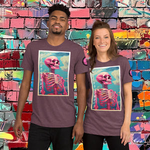 Woman wearing a maroon Triblend Deconstruct Core Tee with colorful skeletal design gazing upward, standing before a vibrant graffiti wall.