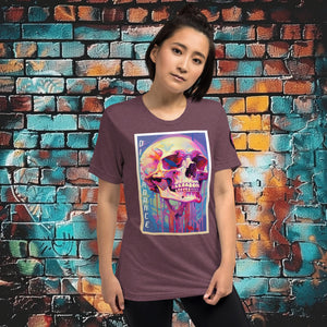 Woman wearing a maroon triblend Discordance Premium Tee with surreal neon skull artwork against a colorful graffiti backdrop.