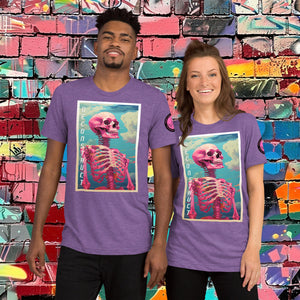 Woman wearing a purple Triblend Deconstruct Core Tee with colorful skeletal design gazing upward, standing before a vibrant graffiti wall.