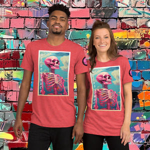 Woman wearing a red Triblend Deconstruct Core Tee with colorful skeletal design gazing upward, standing before a vibrant graffiti wall.