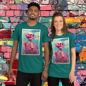 Woman wearing a teal Triblend Deconstruct Core Tee with colorful skeletal design gazing upward, standing before a vibrant graffiti wall.