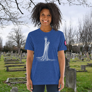 A woman wearing a true royal tri-blend Skeletal Serenity Premium Tee with elegant line art of Death holding flowers, sunset cemetery backdrop.
