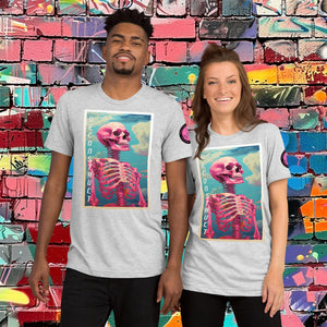 Woman wearing a white fleck Triblend Deconstruct Core Tee with colorful skeletal design gazing upward, standing before a vibrant graffiti wall.