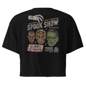 A distressed vintage poster with Dracula, Wolfman, and Frankenstein; One Night Only type on a premium black crop top.