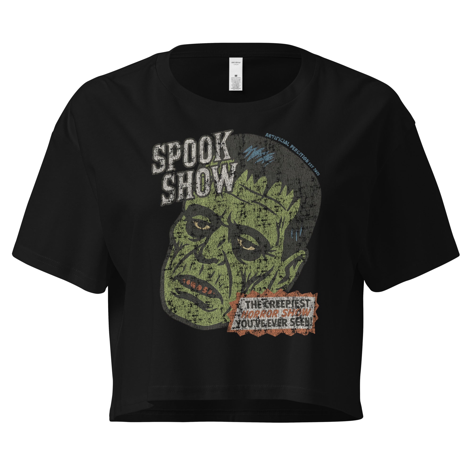 A distressed Frankenstein head with “Spook Show” on premium black crop top.