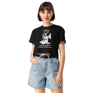 Black cropped cotton t-shirt featuring a black-and-white Lilith illustration with horns, wings, and gothic lettering.