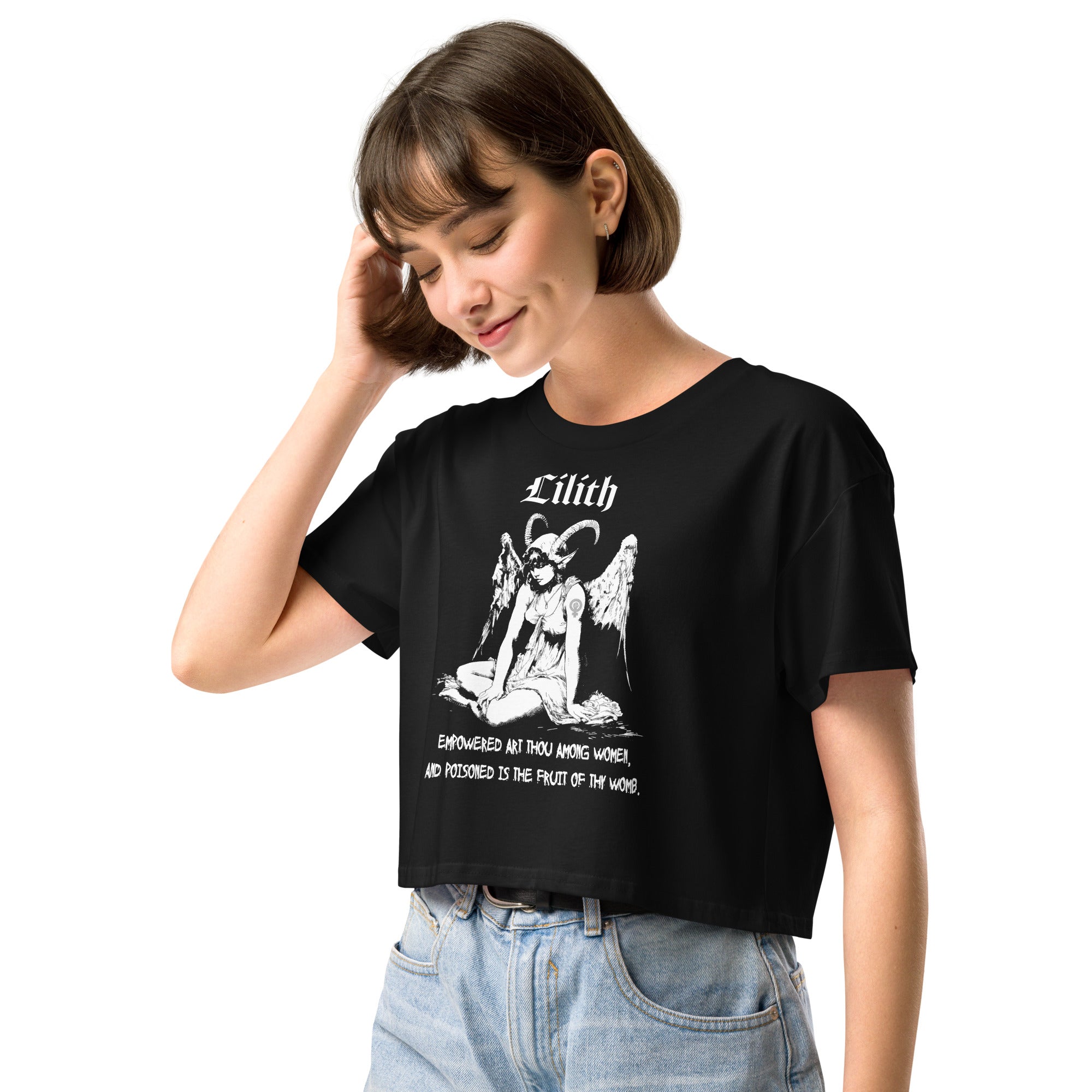 Black cropped cotton t-shirt featuring a black-and-white Lilith illustration with horns, wings, and gothic lettering.