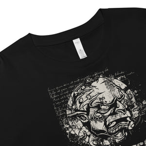 Black cropped cotton t-shirt featuring horned monster inside a ritual circle with mystical script and “Monster Inside” text.