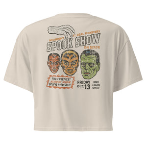 A distressed vintage poster with Dracula, Wolfman, and Frankenstein; One Night Only type on a premium bone crop top.