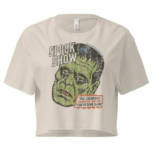 A distressed Frankenstein head with “Spook Show” on premium bone crop top.