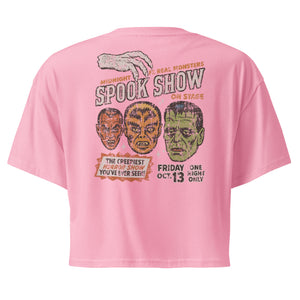 A distressed vintage poster with Dracula, Wolfman, and Frankenstein; One Night Only type on a premium bubblegum pink crop top.