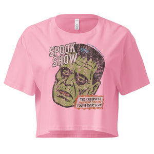 A distressed Frankenstein head with “Spook Show” on premium bubblegum pink crop top.